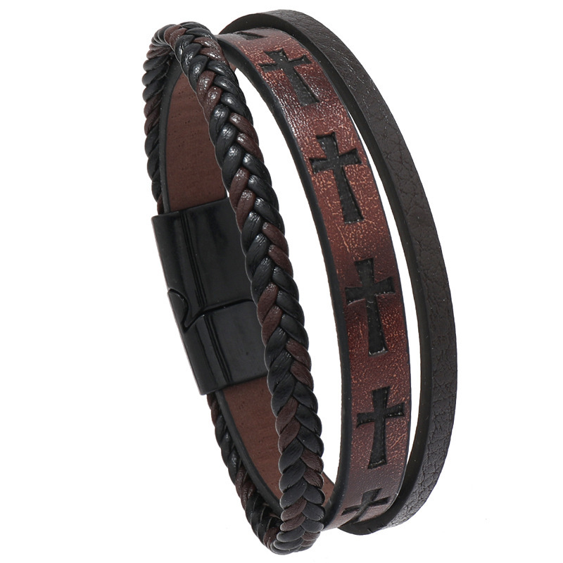 Personalized Fashion New Men's PU Leather Cross Simple Handmade Woven Magnetic Clasp Bracelet_voghion.com