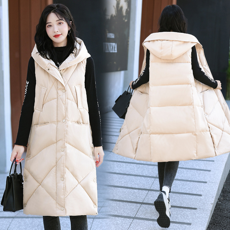 Long Over-the-Knee Down Cotton Vest Women's Korean-style Hooded Casual Vest for Outer Wear Loose Vest Warm Waistcoat