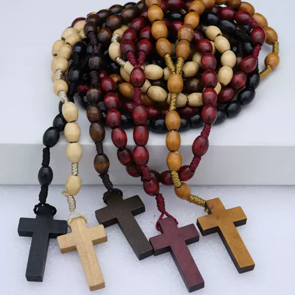 Cross-Border Supply DIY Woven Screw Knot Oval Five-Color Prayer Beads Wooden Bead Necklace Model Clothing Accessories