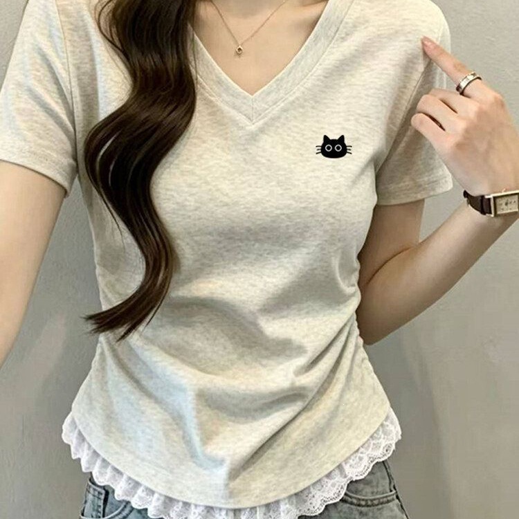 Especially Beautiful Lace Waist-Cinching Top, 2026 Summer New Sweet V-Neck Blouse, Regular Shoulder Short-Sleeve T-Shirt for Women, Cross-Border