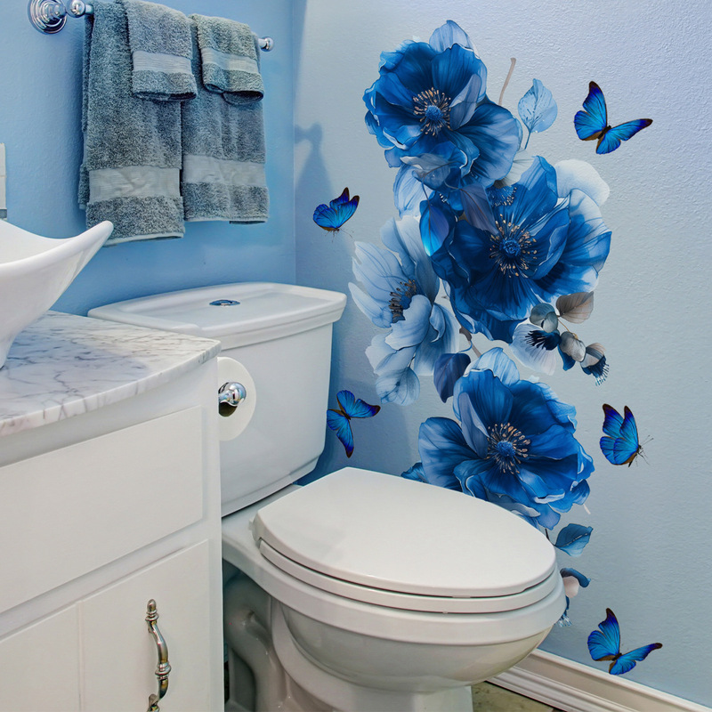Ms7149 Blue Flower Butterfly Wall Sticker Living Room Bedroom Bathroom Bathtub Home Background Decoration Self-Adhesive