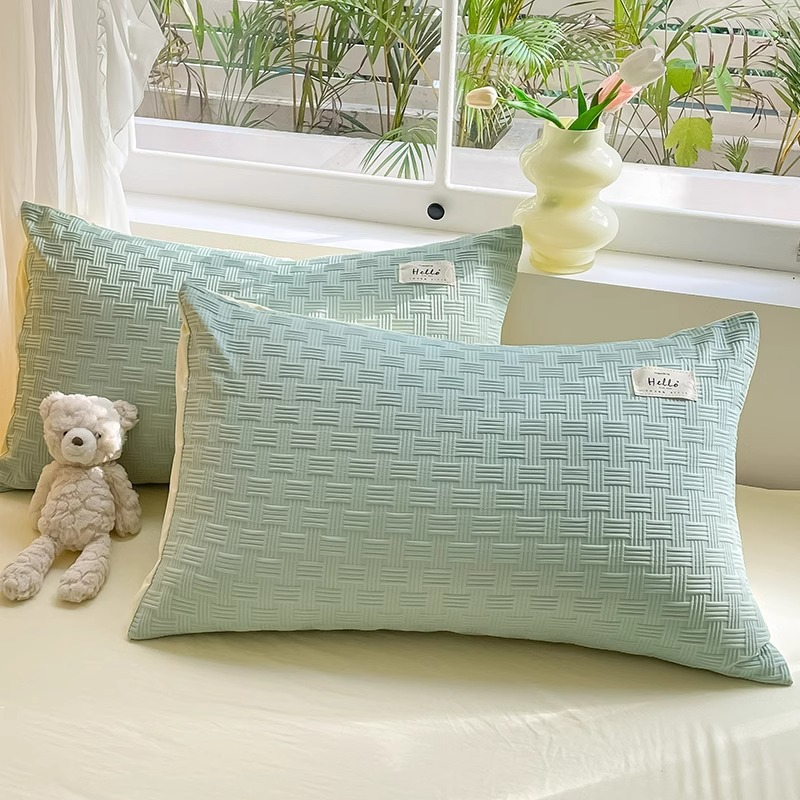 Cama de algodón lavada de hilo de doble capa fresca de cuatro piezas, funda de edredón de estilo crema, sábana de dormitorio de estudiantes, juego de tres piezas