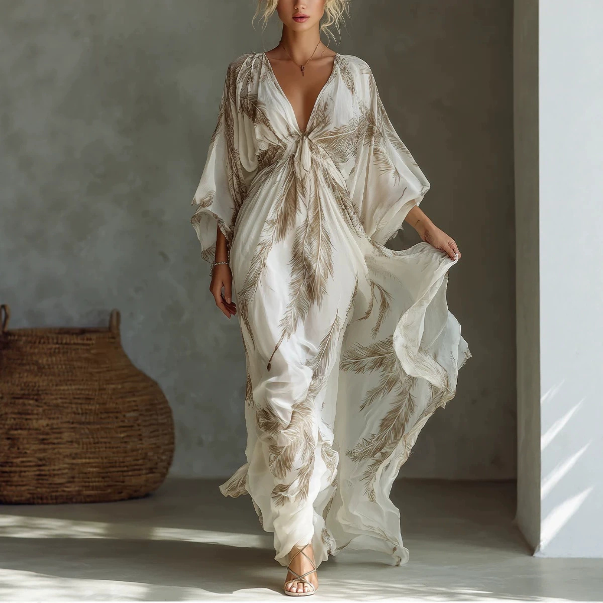 European and American Cross-Border 2026 Amazon Independent Site Hot-Selling New V-Neck Three-Quarter Sleeve Waist-Cinching Long Dress