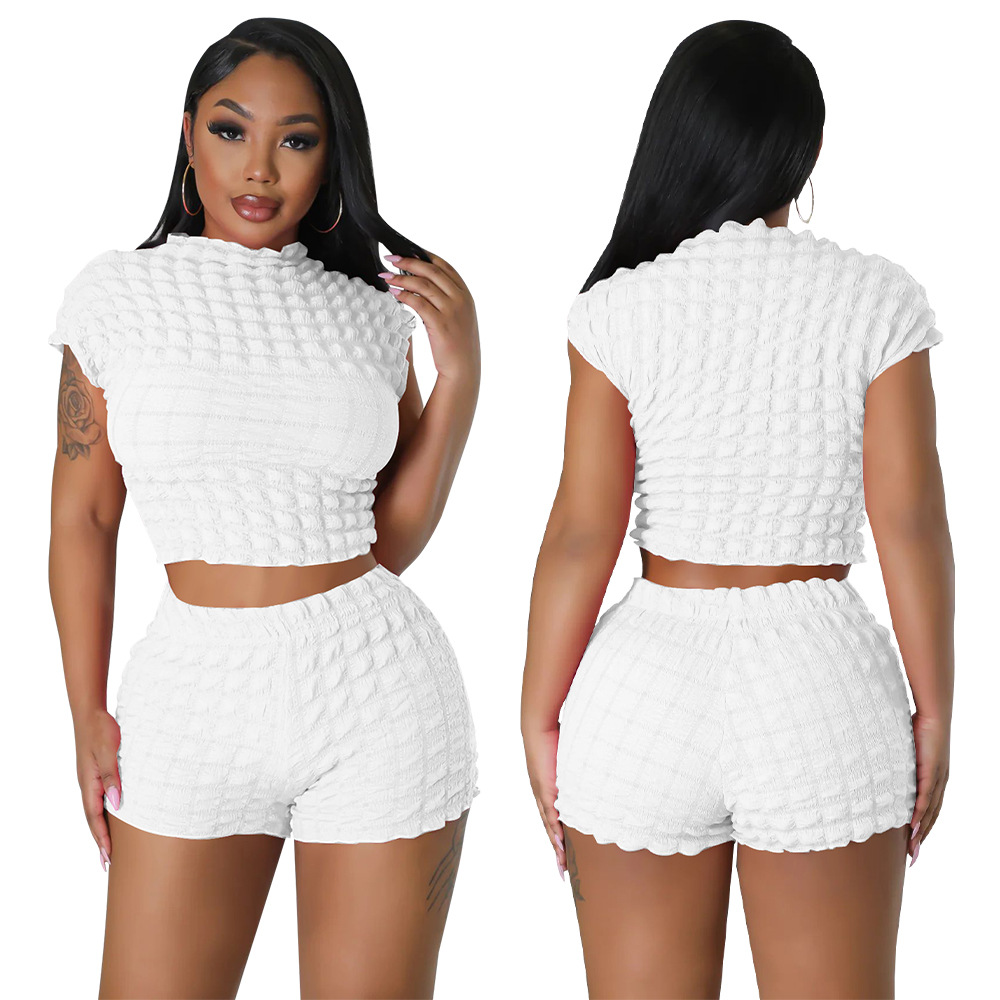Women's Sleeveless Cropped Two Piece Set Bubble Popcorn Shorts_ecoleips.com