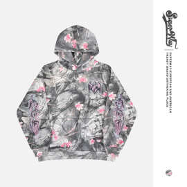 澜海男装|2025秋冬新款美式复古vintage恶魔做旧满印加绒连帽卫衣