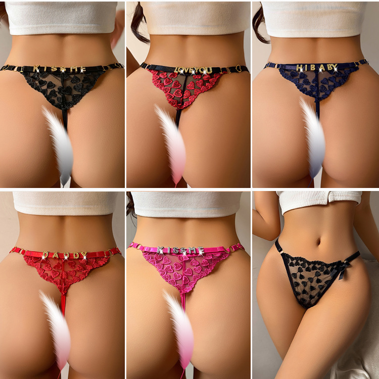 Factory Direct Sales Cross-Border European and American Style Low-Waist Sexy Thong with Heart Embroidery and DIY Lettering 9601 Factory Direct Sales Cross-Border European and American Style Low-Waist Sexy Thong with Heart Embroidery and DIY Lettering 9601