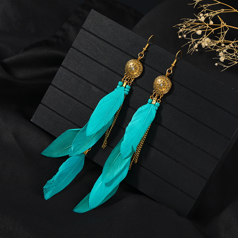 1 Pair Chinoiserie Ethnic Style Classic Style Water Droplets Tassel Alloy Feather Drop Earrings display picture 21