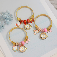 跨境不锈钢钟表挂件金色手链女闺蜜卡通KT猫串珠手饰品情侣手表