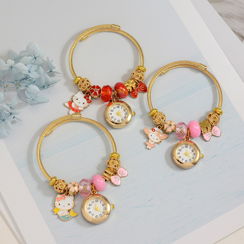 跨境不锈钢钟表挂件金色手链女闺蜜卡通KT猫串珠手饰品情侣手表