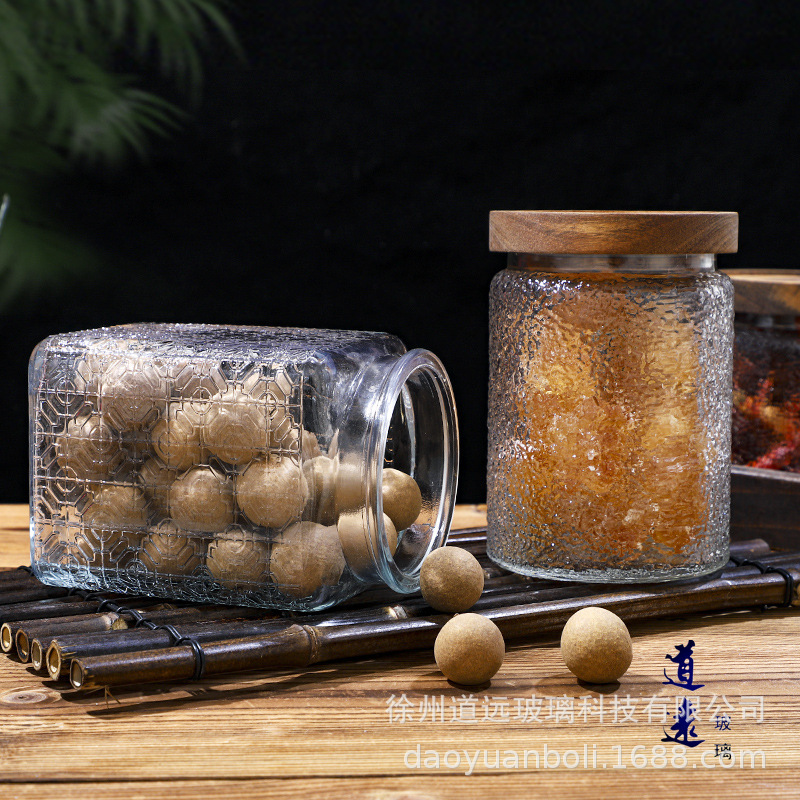 圆形玻璃瓶储物罐相思竹木盖透明零食罐方形香料收纳罐杂粮密封罐