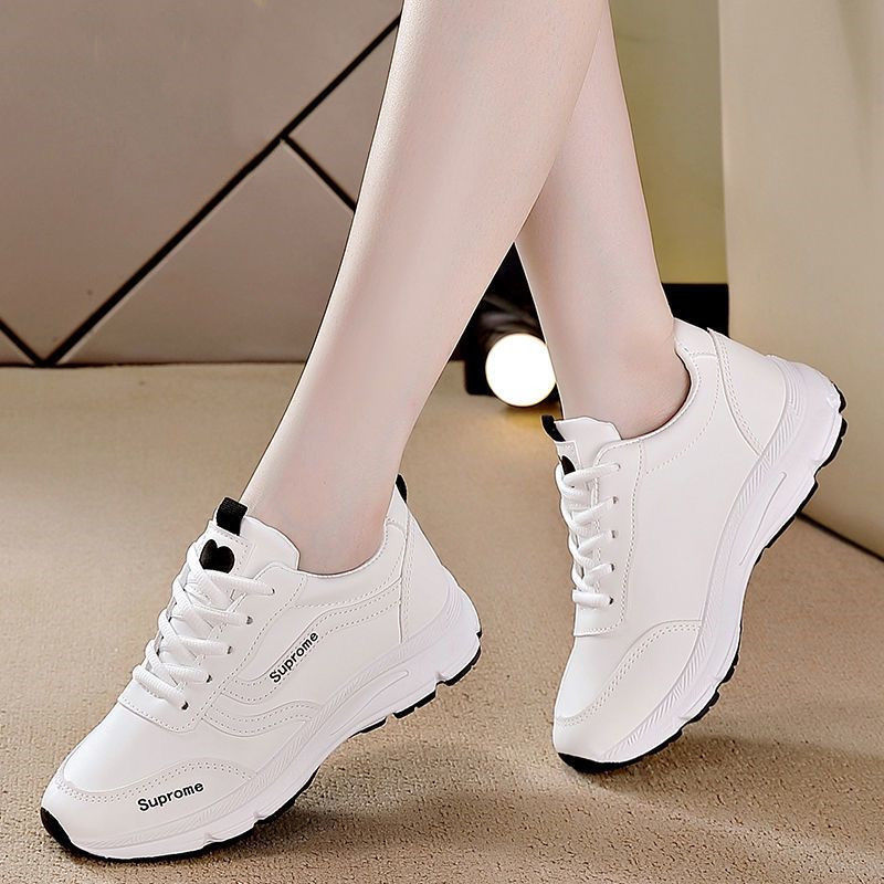 Sports Shoes for Women 2025 Spring & Fall New Breathable Leather White Shoes Korean Style Versatile Thick-Soled Casual Shoes Running Shoes for Women