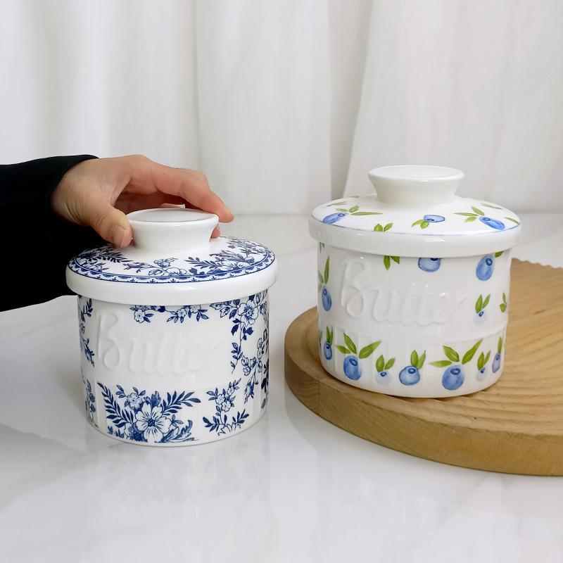 Tarjeta de mantequilla de cerámica azul con tapa, tarjeta de almacenamiento de color bajo esmalte azul retro doméstico, tarjeta de almacenamiento de cocina, tarjeta de crema