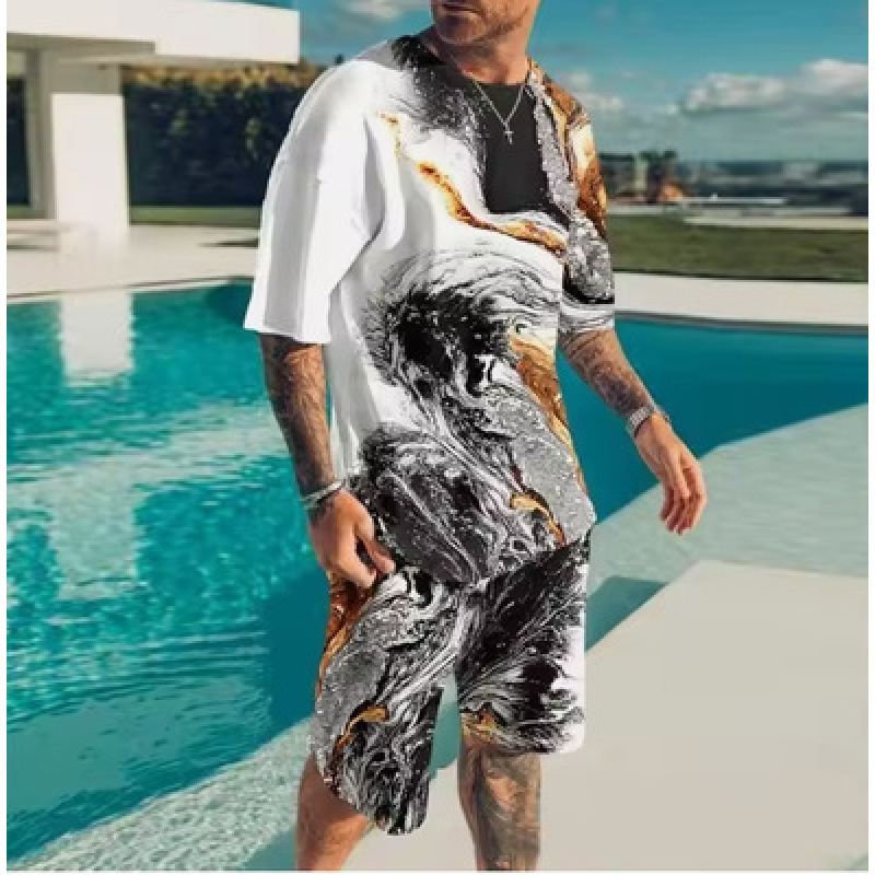 2023 verano transfronterizo camiseta 3D europea y americana manga corta pantalones cortos de dos piezas deportivos casuales para hombres