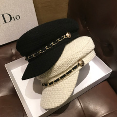 日本の秋と冬の新しい英国フラットトップネイビーハット女性のレトロファッションチェーンひさしキャップ韓国スタイルの八角形ベレー帽
