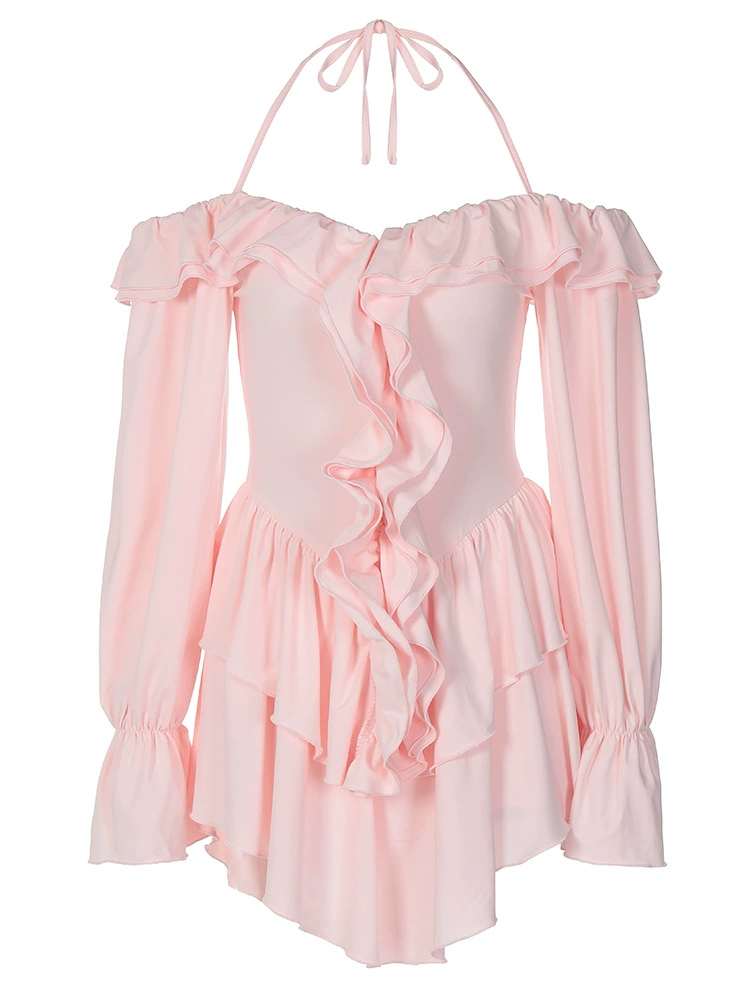 Свадебное/halter off-shoulder мини-платье, европейский стиль, воланная летняя комбинация, 83% полиэстер