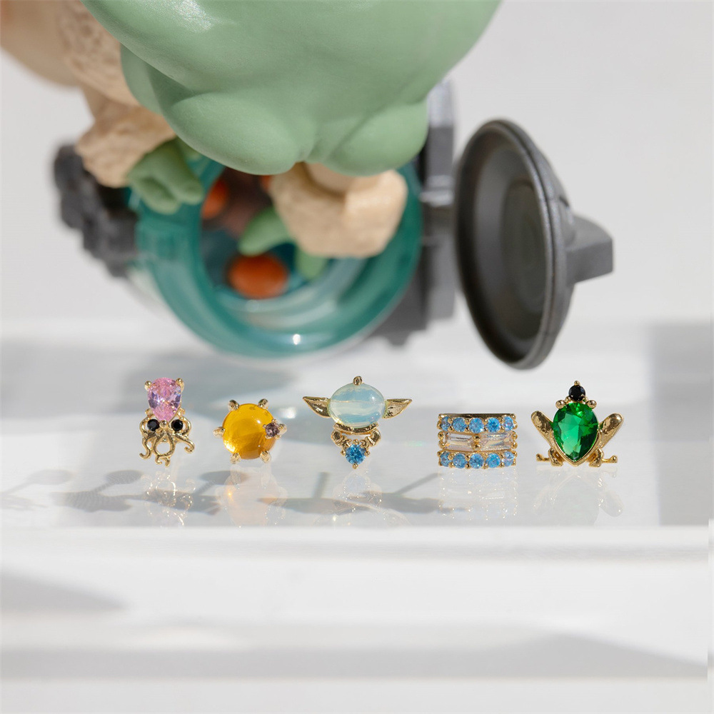 vintage octopus frog 18K gold plated copper zirconium piercing screw ball earrings