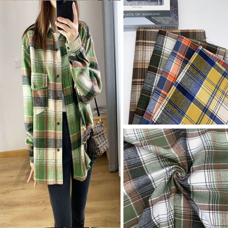 现货批发 21S色织斜纹磨毛格子衬衫布 ins复古风格纹连衣裙法拉绒