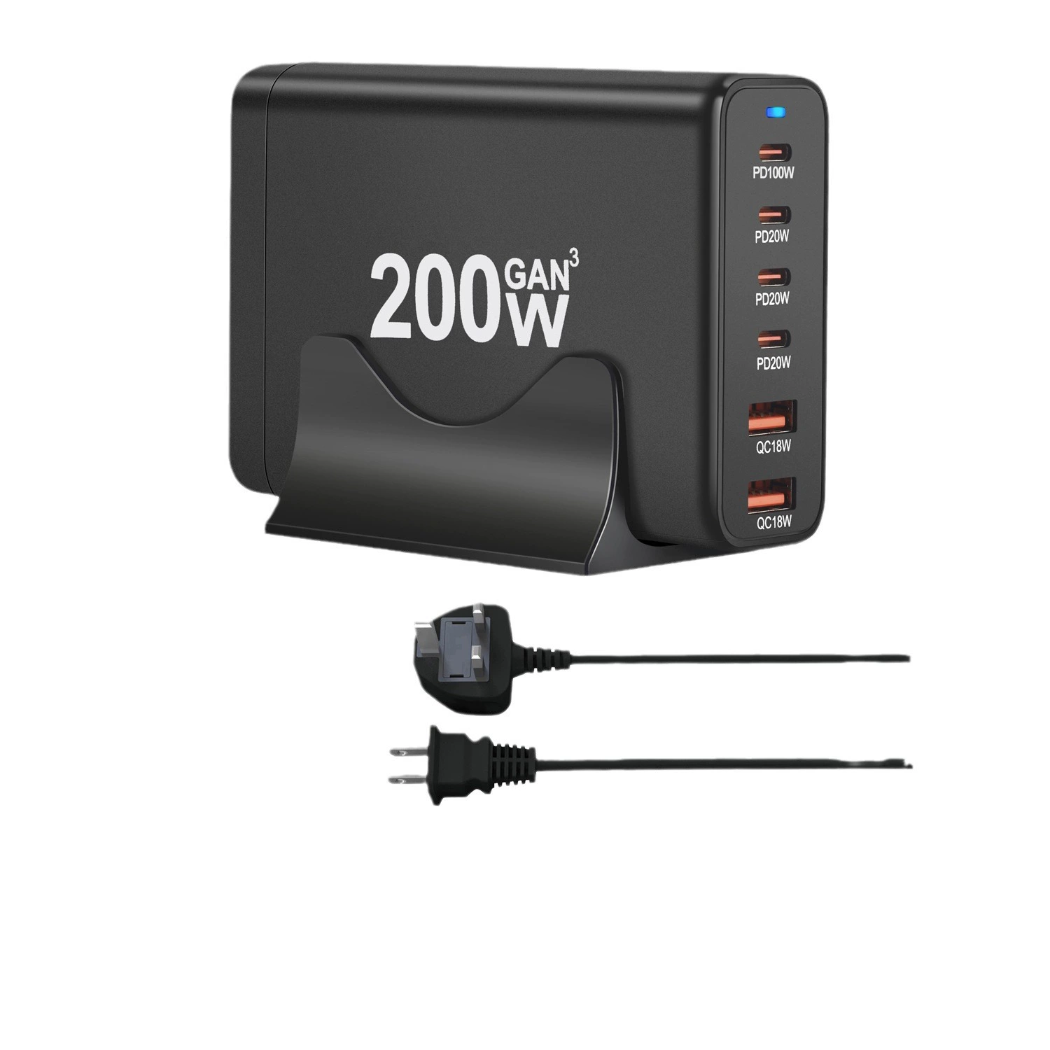 Зарядное устройство GaN на 200W, многоразъемное PD/QC USB-C & USB-A, сменные-plug варианты (US/EU/UK/AU)