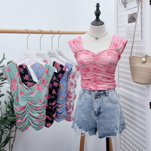 Navel-baring floral mesh camisole travel short style small square neck outer wear pleated sleeveless top 8871