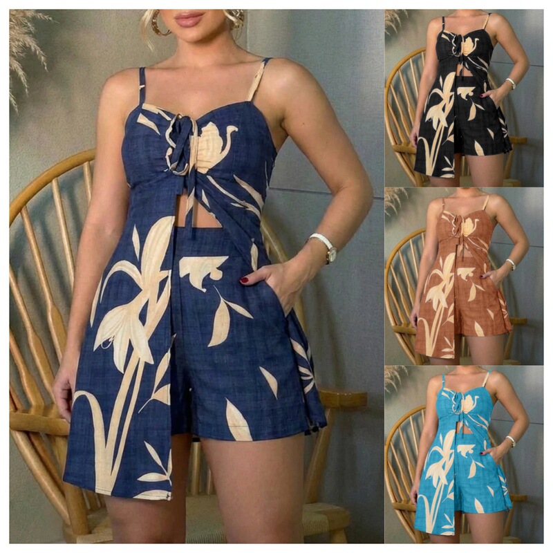 Women's Two-Piece Tropical Floral Vacation Outfit Sweetheart Neck Slit Tank Top Shorts Set Casual Beach Clothing