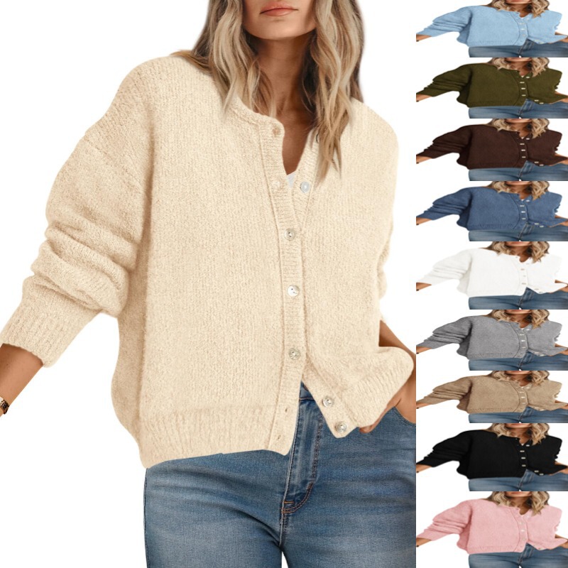 European and American Cross-Border 2025 Autumn and Winter Long-Sleeved Round Neck Button-Down Women's Sweater Cardigan Thick Stick Knitted Cardigan Fashion