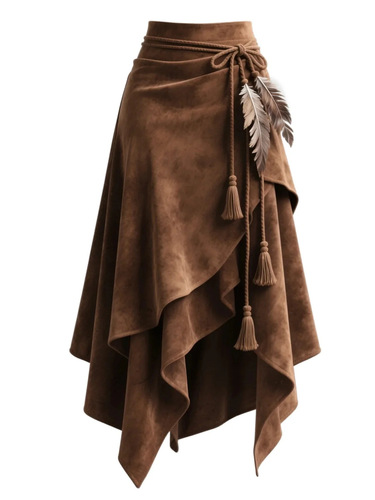 Leatherette Skirt for Women - Caramel Brown, Fall Season, Asymmetrical Belted, Slimming A-Line Medium-Length