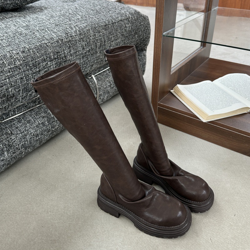 Nuevo estilo de otoño e invierno, botas de media pantorrilla con tacón grueso, punta redonda, plisadas y elásticas, botas de montar para mujer.