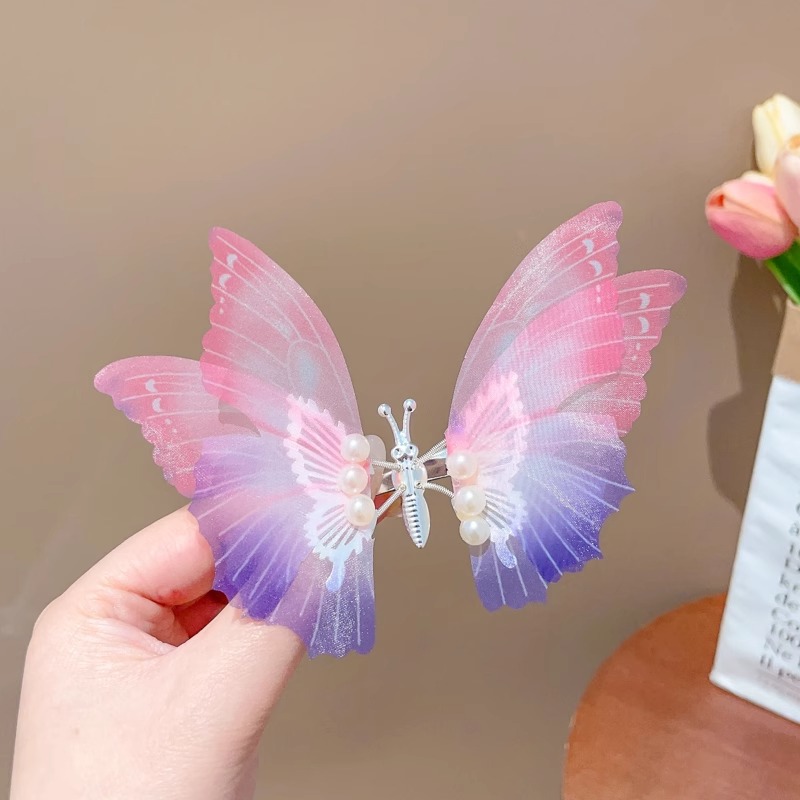 Clip de cabello de mariposa móvil ultra inmortal electrónica azul tulle perla clip de boca de pato decoración accesorios de playa clip tocado