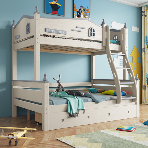 Solid wood children's bed with upper and lower bunks, two-story high and low bed, sister and brother bed, storage, double multi-functional double bed