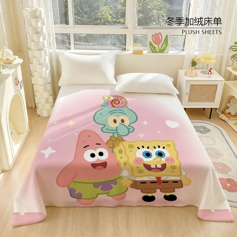 Cute Spongebob Crystal Velvet Sheets Cartoon Star Winter Warm Children's Bedroom Student Dormitory Sheets