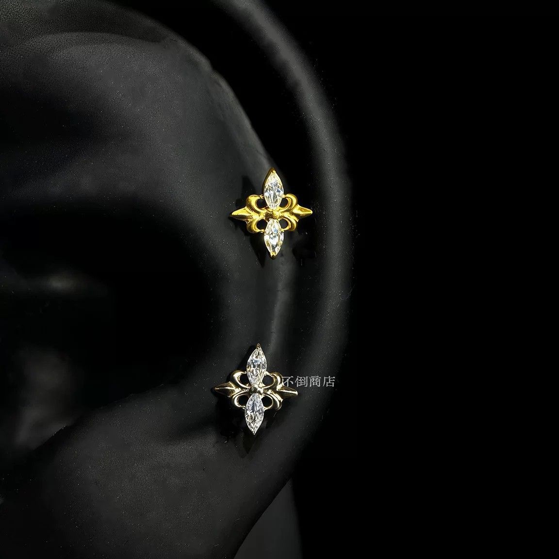 F136 titanium alloy double diamond iris flower earrings for women, internal thread ear bone studs, vintage style, versatile cross design, no need to remove