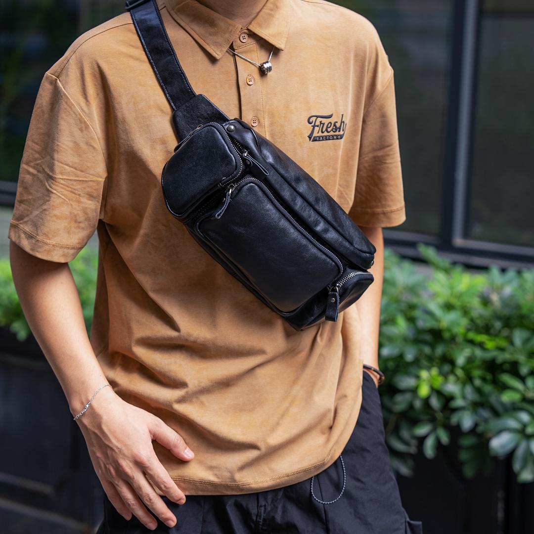 Men's shoulder bag/cycling bag/crossbody bag/multi-functional top-grain cowhide men's chest bag/crossbody bag with a high-end feel