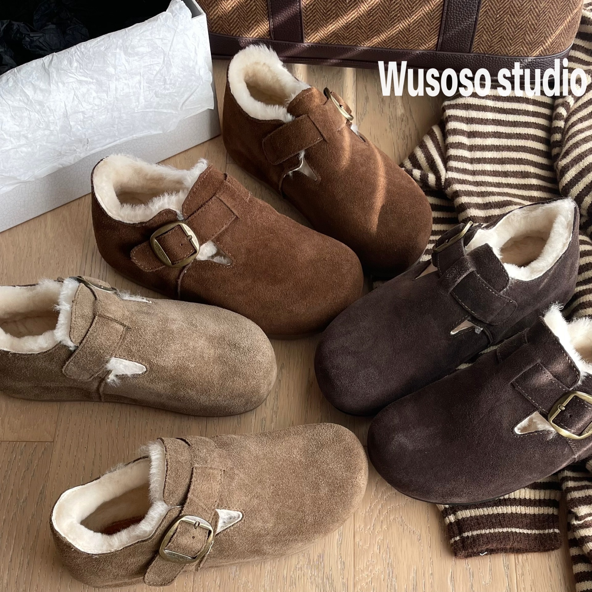 牛皮版~复古全包勃肯鞋女加绒加厚雪地靴冬季女鞋豆豆毛毛鞋棉鞋