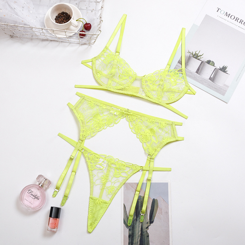 Embroidery floral lace mesh lingerie three-piece set NSWY43666