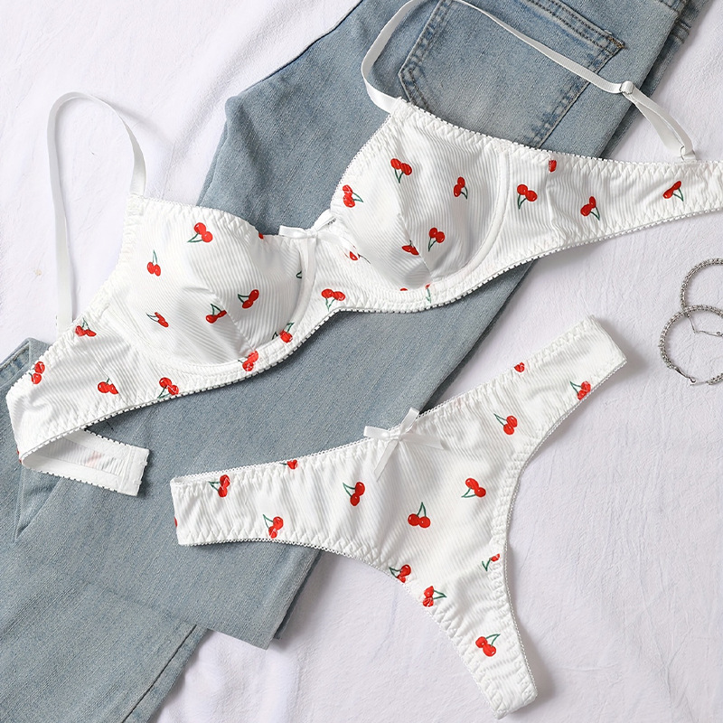 Source Manufacturer Romantic and Sexy Cherry Print Sweet Push-Up Skin-Friendly Women's Lingerie Set