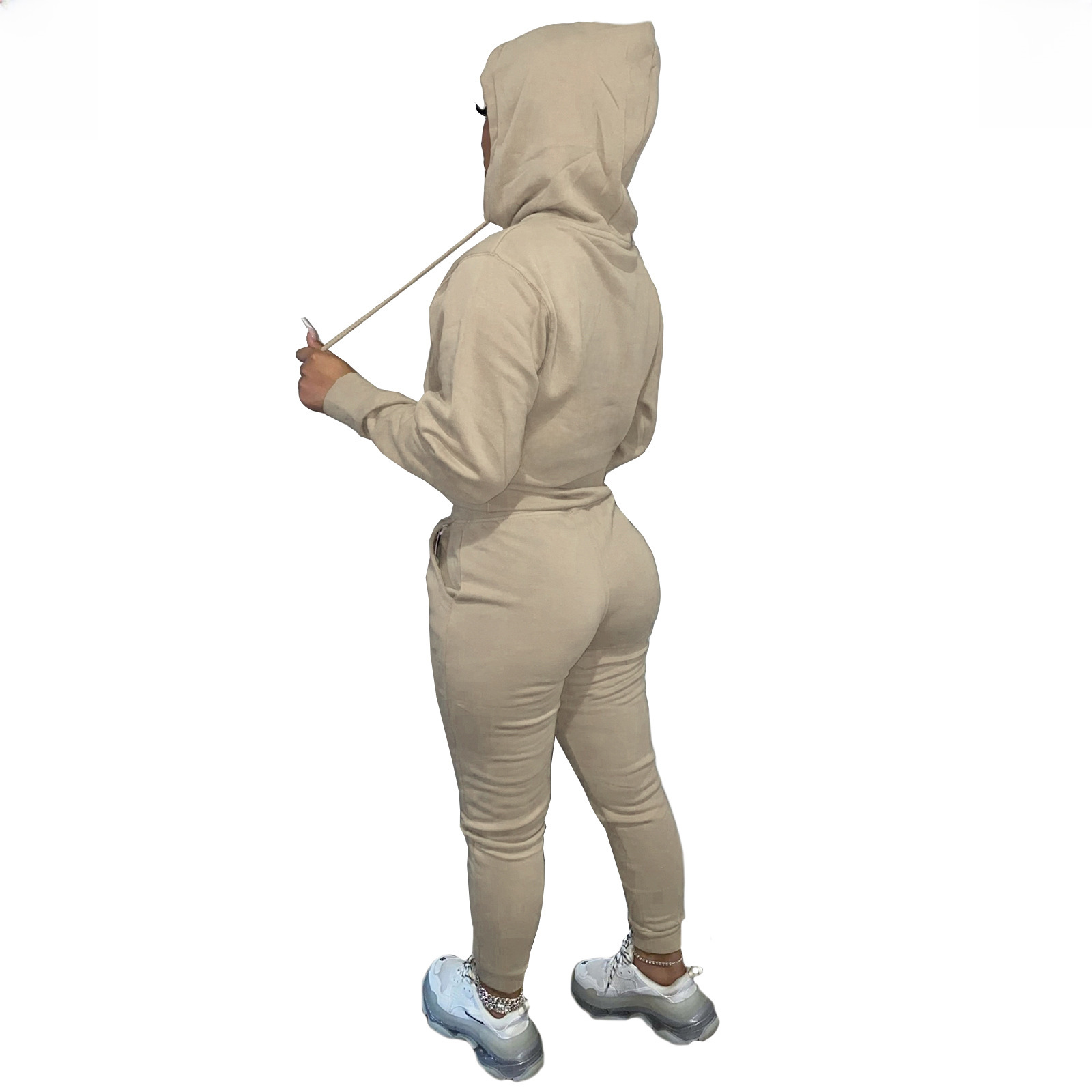 HR8197 European and American women's clothing  independent station supply autumn and winter plus velvet drawstring hooded two-piece set_voghion.com