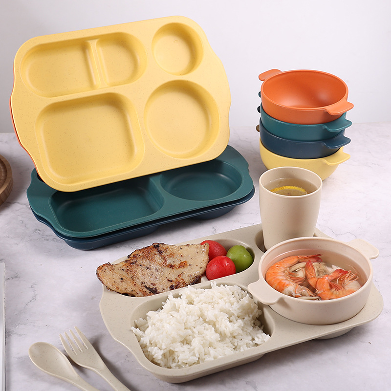 Plato de comedor para niños 24 piezas set de paja de trigo jardín de infantes anti-caída taza de plato de comedor cuchillo y tenedor cuchara set