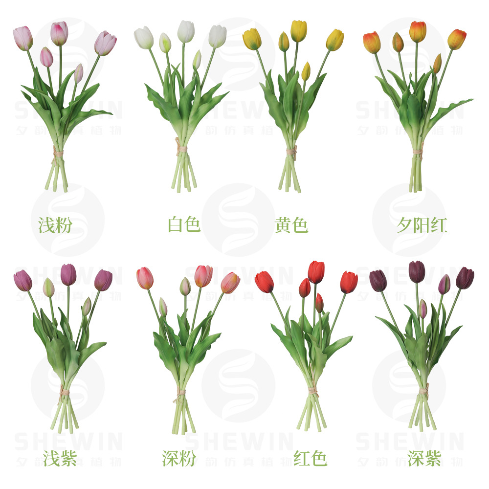 Simulación de buquete de tulipanes de pegamento blando PE suave silicona tulipanes humectantes sensación de 5 flores falsas de tulipanes encontrar fábrica