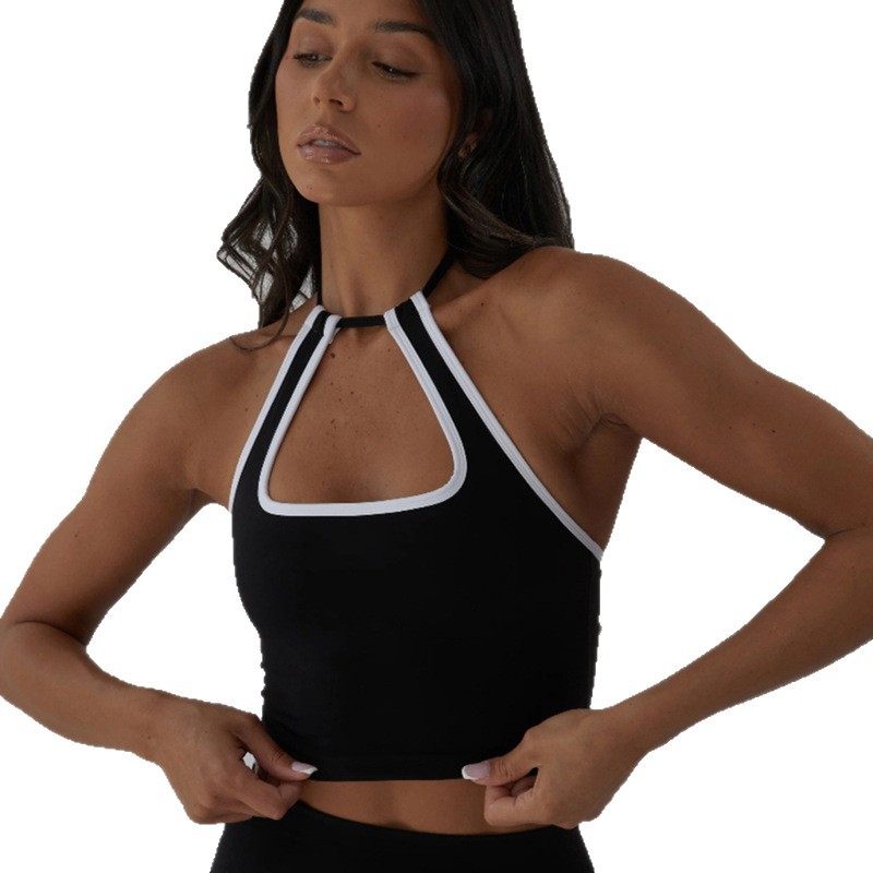 Color contrastante correa colgando el conjunto de ropa de pelusa para mujeres desnudas sensación de secado rápido con cojín de pecho deportivo alta cintura elevación de cadera dos piezas conjunto