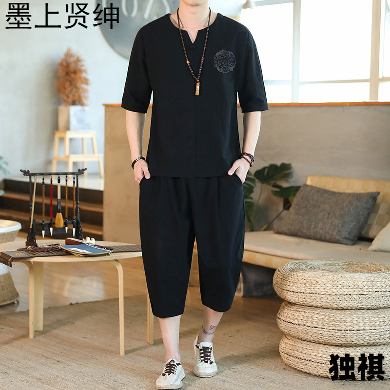 Pantalones casuales de lino, pantalones harem sueltos para hombres, pantalones cortos de manga corta de algodón y lino de estilo chino, pantalones cortos, traje de dos piezas para hombres