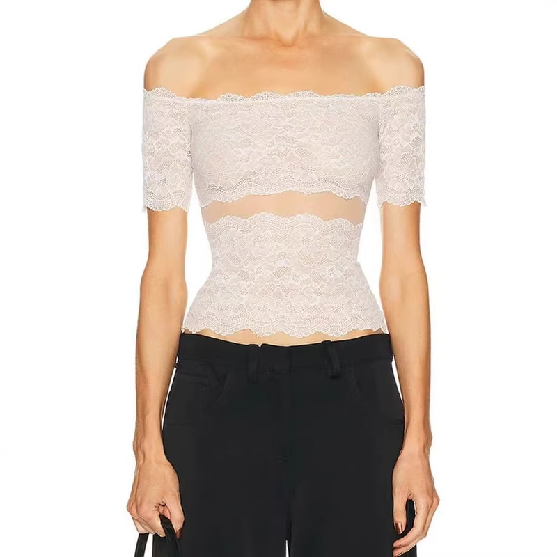 High-Quality Blu*** Lace Trim Patchwork Off-Shoulder Hollow-Out Slim-Fit Short-Sleeve T-Shirt Hot Girl Top High-Quality Blu*** Lace Trim Patchwork Off-Shoulder Hollow-Out Slim-Fit Short-Sleeve T-Shirt Hot Girl Top