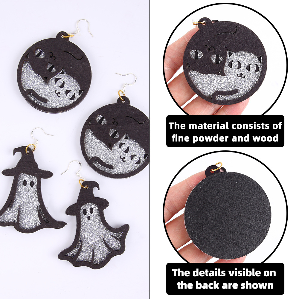 Pendientes de madera transfronterizos de Halloween polvo brillante de gato pendientes fantasma de fiesta de maquillaje decoración oscura aretes de viento