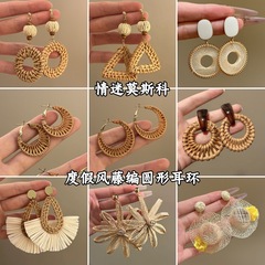 银针木珠藤编圆形三角形耳环夏季海边度假风耳钉夸张独特耳饰批发