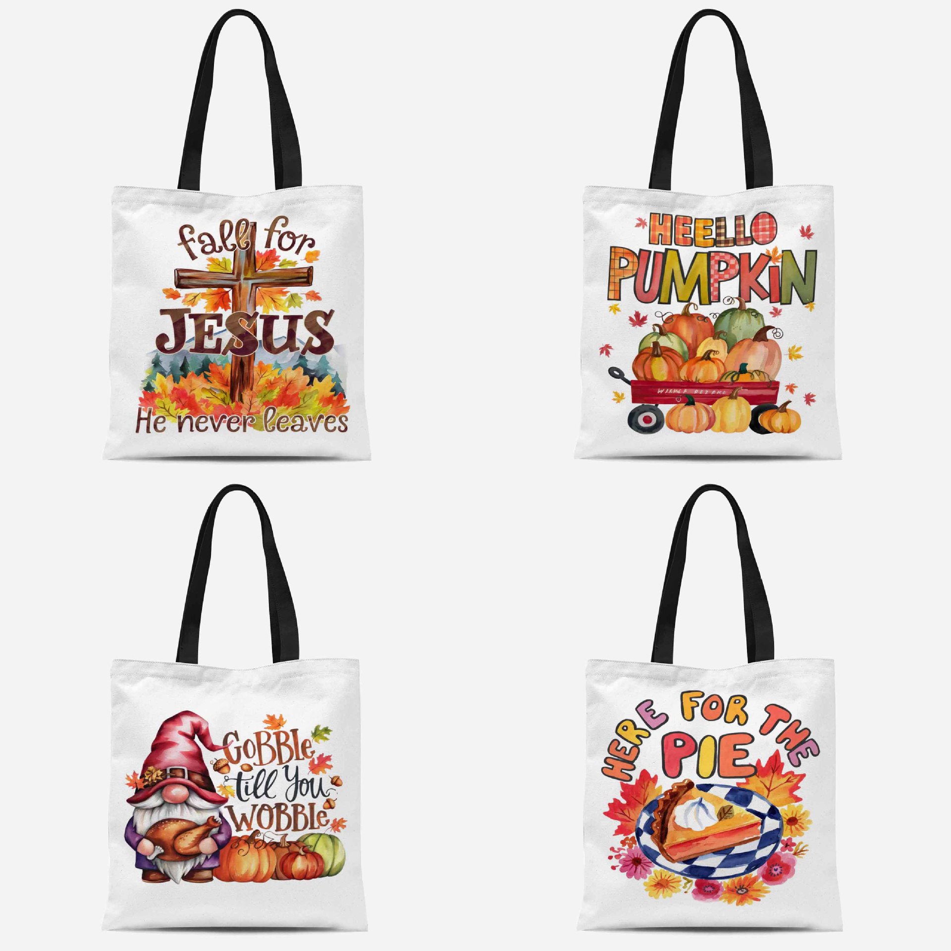 跨境新款秋季南瓜枫叶感恩节印花帆布袋节日手提袋通勤包批发