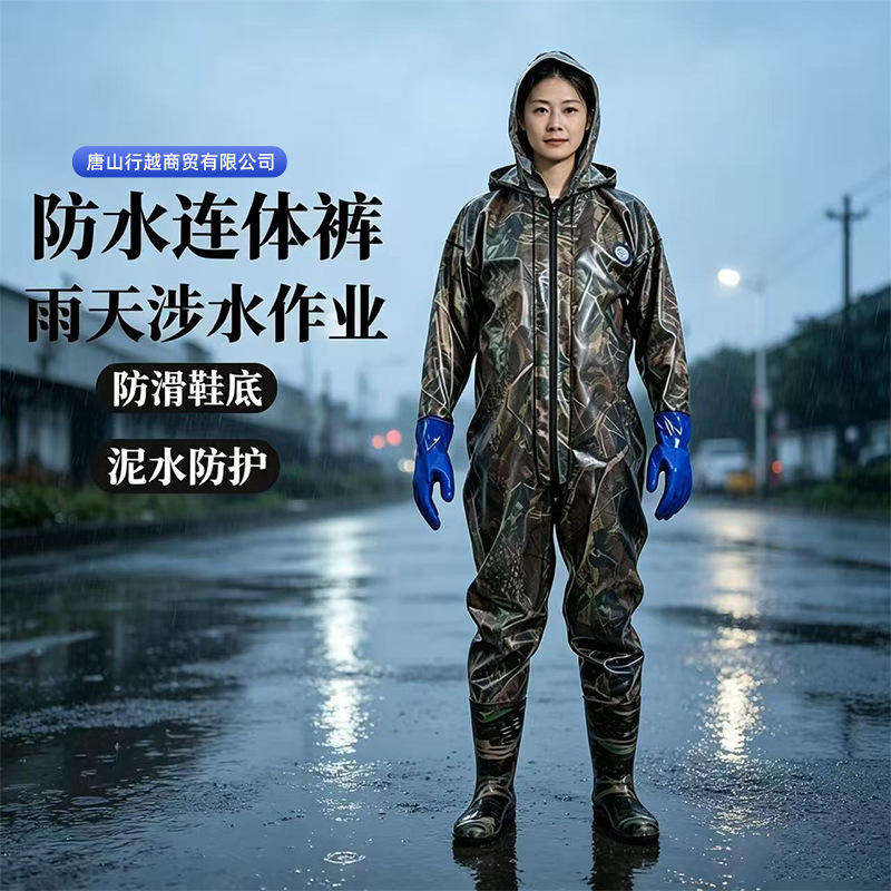 Full-body waterproof jumpsuit, camouflage hooded rain pants, suitable for aquaculture, fishing, and water-related work; wholesale waterproof pants