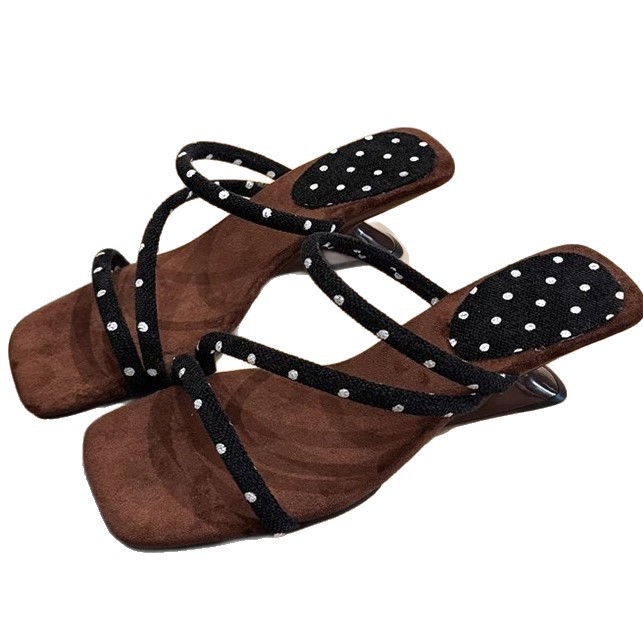 Zapatillas francesas de talón ondulado de punto de sigla para mujeres de verano 2026 nuevas sandalias de talón frío no cansadas image 5