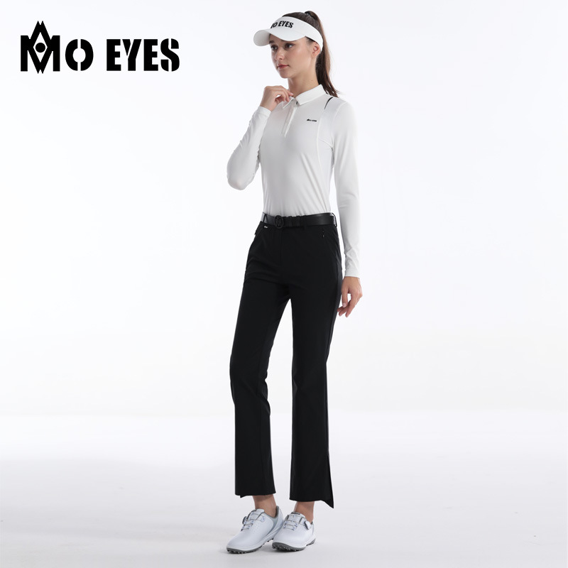 Quần golf nữ ống loe dài tôn dáng, túi khóa kéo vô hình, phong cách thu đông — M23YF018-Áo màu trắng, M23YF018-Áo màu đen, M23KUZ012-quần đen, M23KUZ012-Quần Trắng