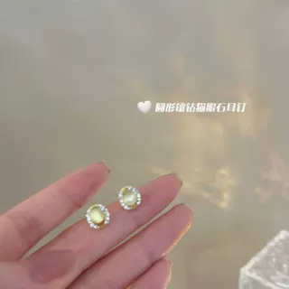 圆形镶钻猫眼石耳钉s925银针小众设计感精致耳环小巧简约高级耳饰