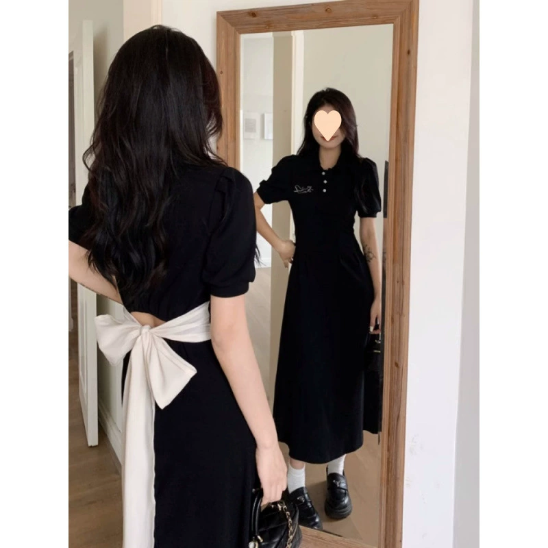 Платье-поло больших размеров для женщин летом, черная длинная юбка с бантом в стиле Хепберн, утягивающая талию, черная длинная юбка