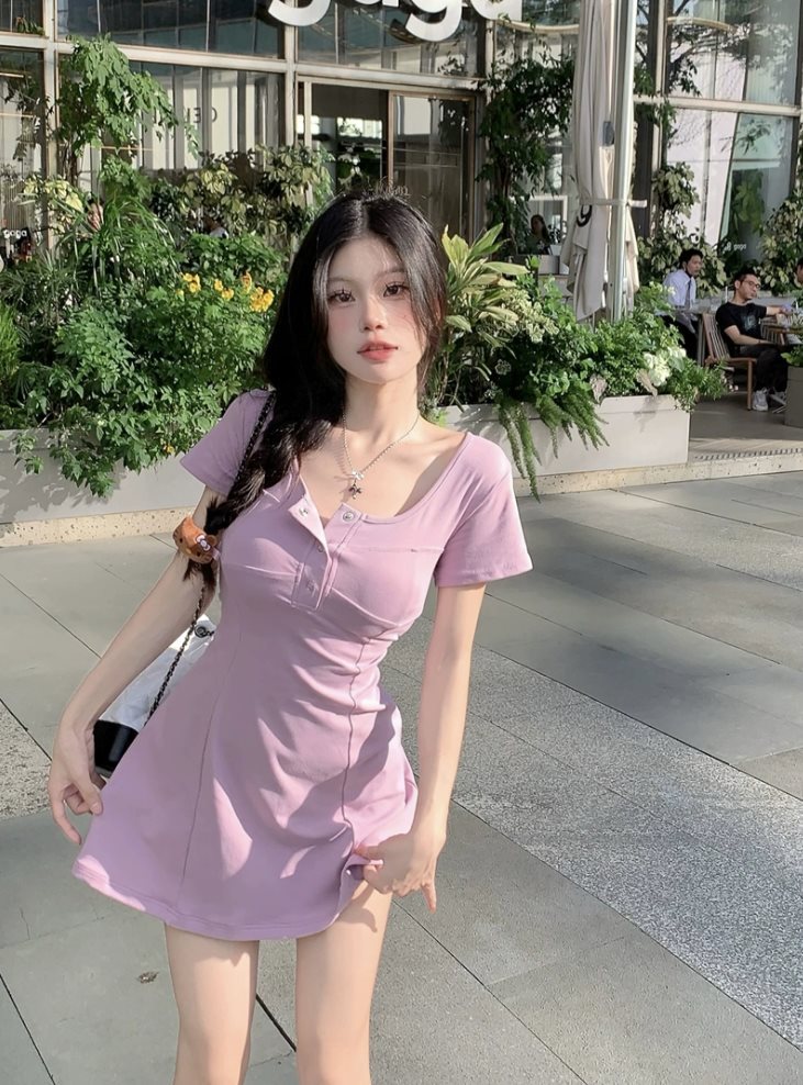 气质紫色针织连衣裙女夏季新款设计感辣妹收腰显瘦a字短裙裙子